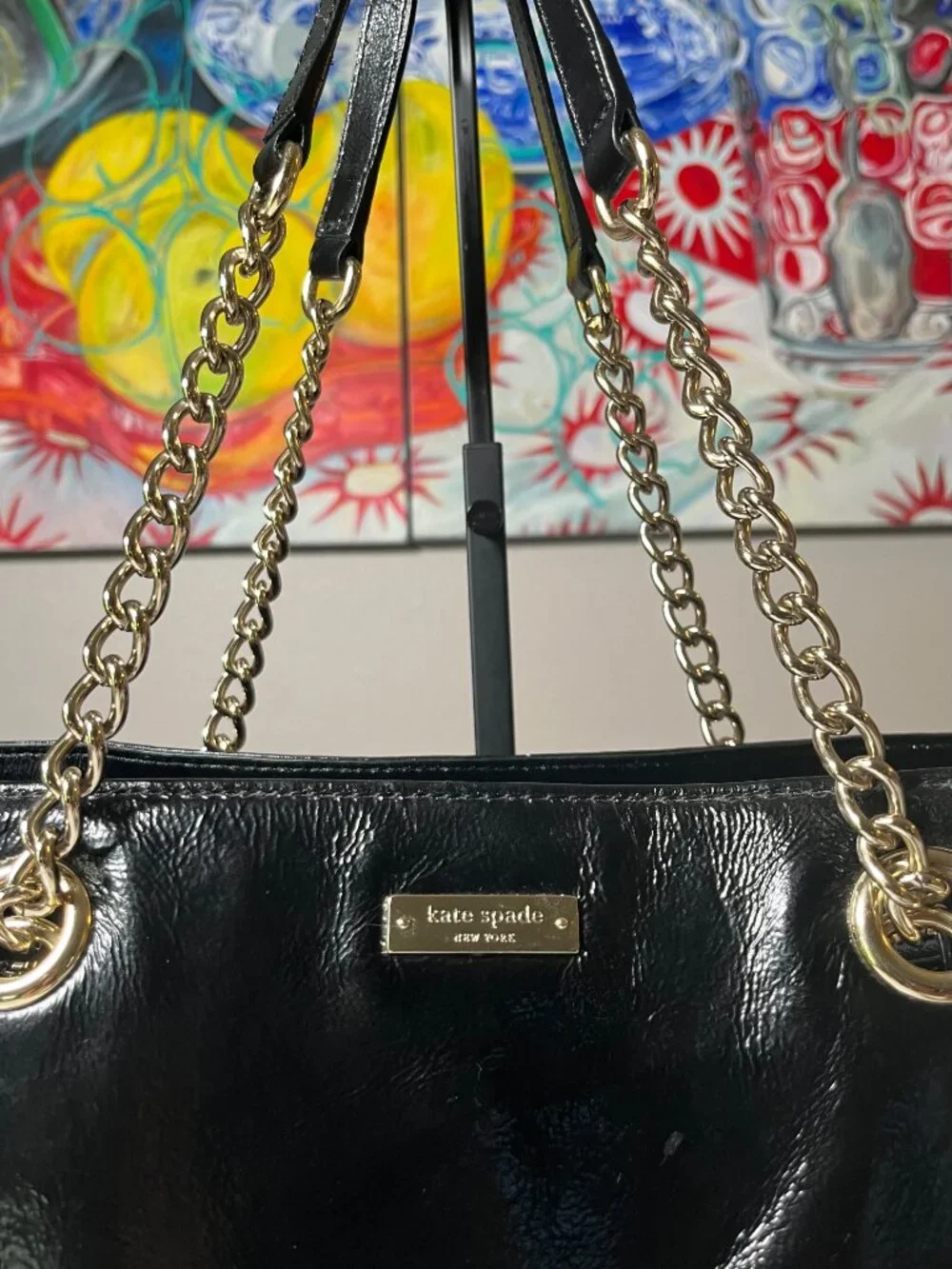 Kate Spade New York Black Patent Leather Deborah Lloyd Era Tote Chain Strap